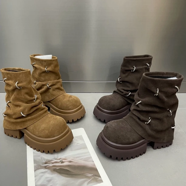 MSDD真皮时尚堆堆靴裤管靴女英伦风百搭增高粗跟圆头套筒短靴