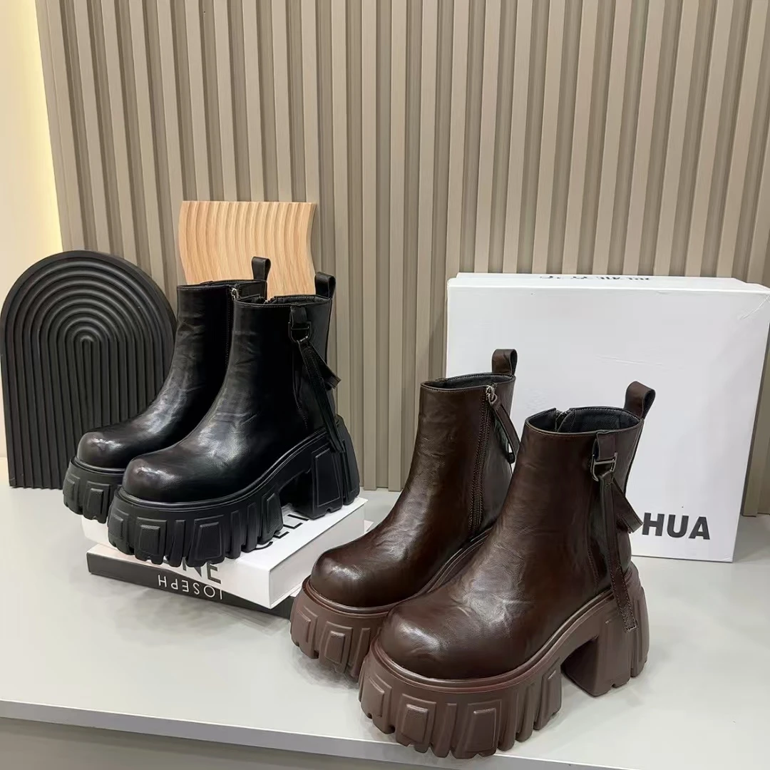 MSDD【9厘米】时尚韩版厚底靴子女款秋季冬新款斜飘带设计