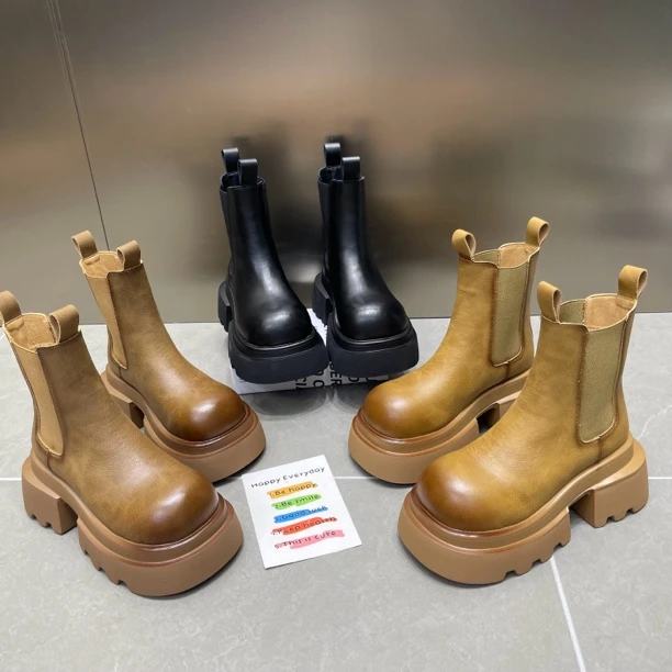 真皮厚底马丁靴女2024秋新款英伦风做旧擦色中筒机车大黄靴烟筒靴