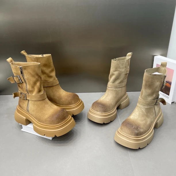 短筒真皮磨砂皮7cm厚底增高马丁靴女2024秋季新款休闲短靴骑士靴