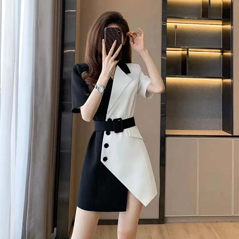夏季西装连衣裙女2024新款时尚设计感撞色不规则职场收腰A字裙