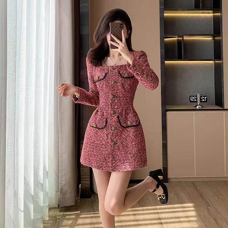 法式名媛小香风连衣裙秋冬新款高级感粗花呢气质方口领显瘦A字裙