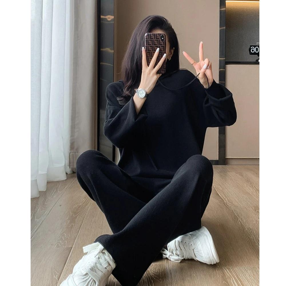 秋冬针织套装女新款法式时尚慵懒风宽松休闲舒适帽衫阔腿裤两件套