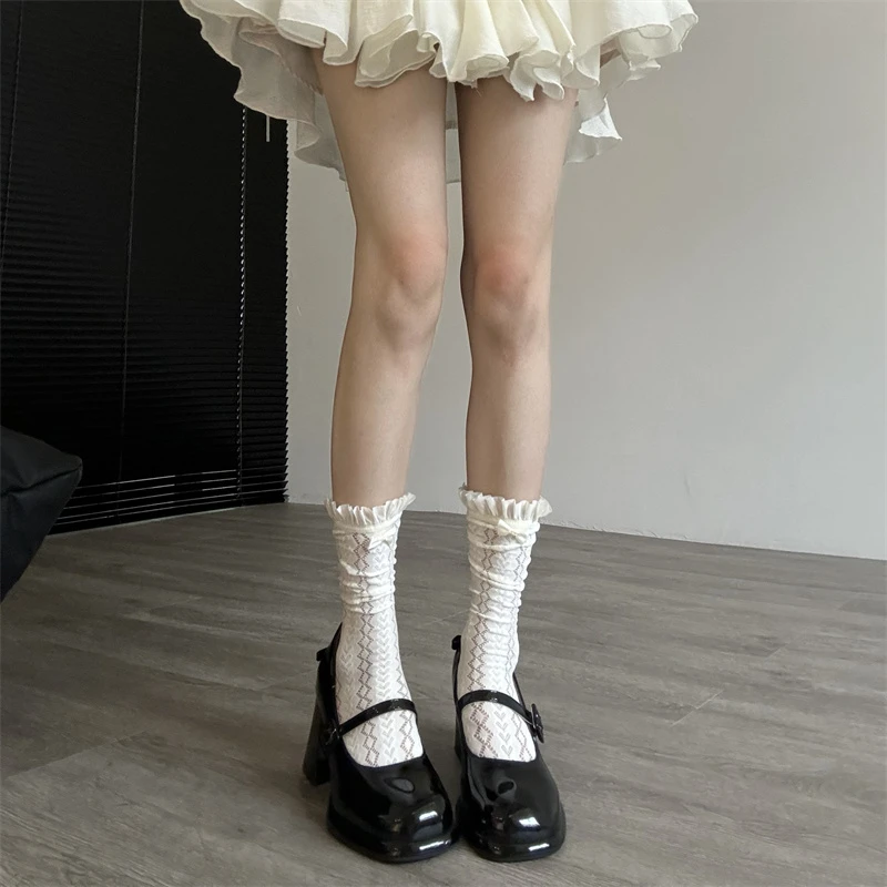 法式花边蕾丝中筒袜女夏季日系镂空jk堆堆袜洛丽塔可爱少女小腿袜