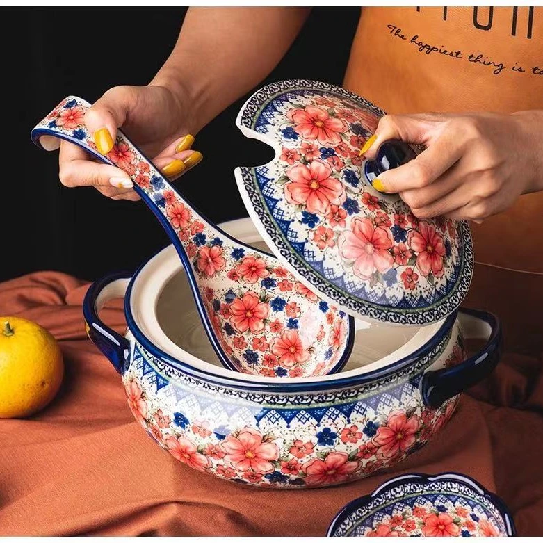 （2）高温瓷釉下彩樱花汤锅家用大容量2L带盖双耳汤碗