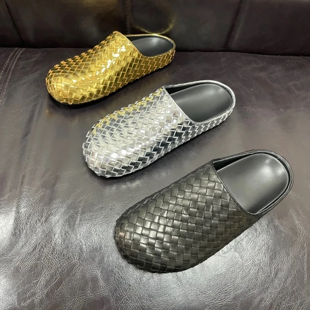 【艾美莉】2598-1夏季新款欧美风时尚潮流透气编织牛皮软底包头拖