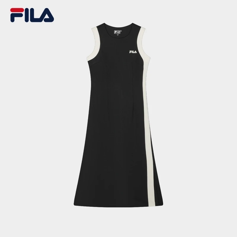 FILA 斐乐女子开叉连衣裙2024夏季新款针织拼色时装裙背心裙