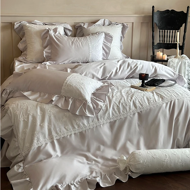 法式清新100S贡缎全棉长绒棉四件套刺绣花边公主纯棉被套床上用品