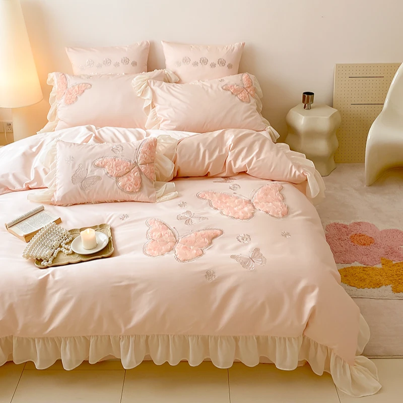 100S高支长绒棉四件套少女心公主风蝴蝶刺绣全棉被套简约床上用品