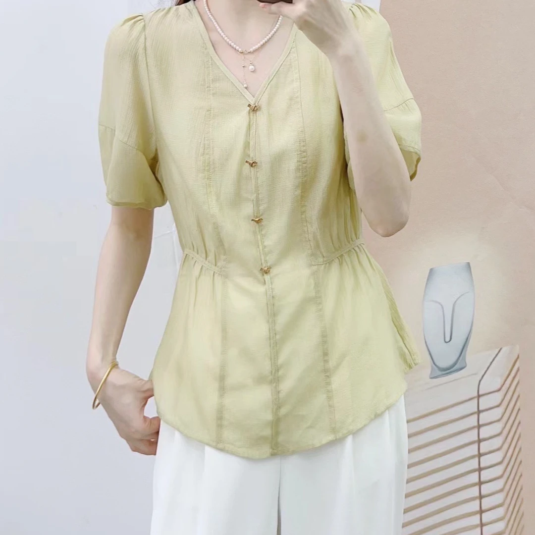 065气质收腰V领短袖显瘦百搭短袖小衫3B065清阿F1