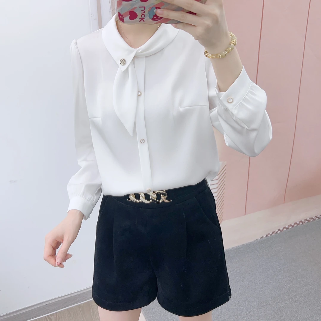 037清F5纯色衬衫长袖套头小衫休闲上衣8037领结衫