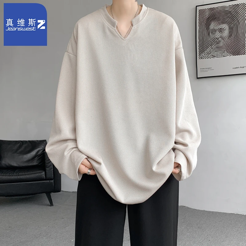 真维斯Z+V领针织长袖t恤男春秋大码打底衫小众设计感麦穗条纹卫衣