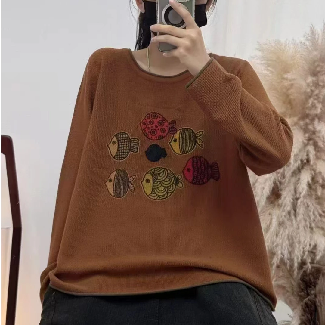 六条鱼针织衫秋季圆领时尚毛衣女文艺宽松长袖休闲上衣印花百搭