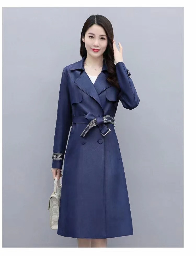 女装显瘦气质蓝色女士收腰中长款翻领秋季