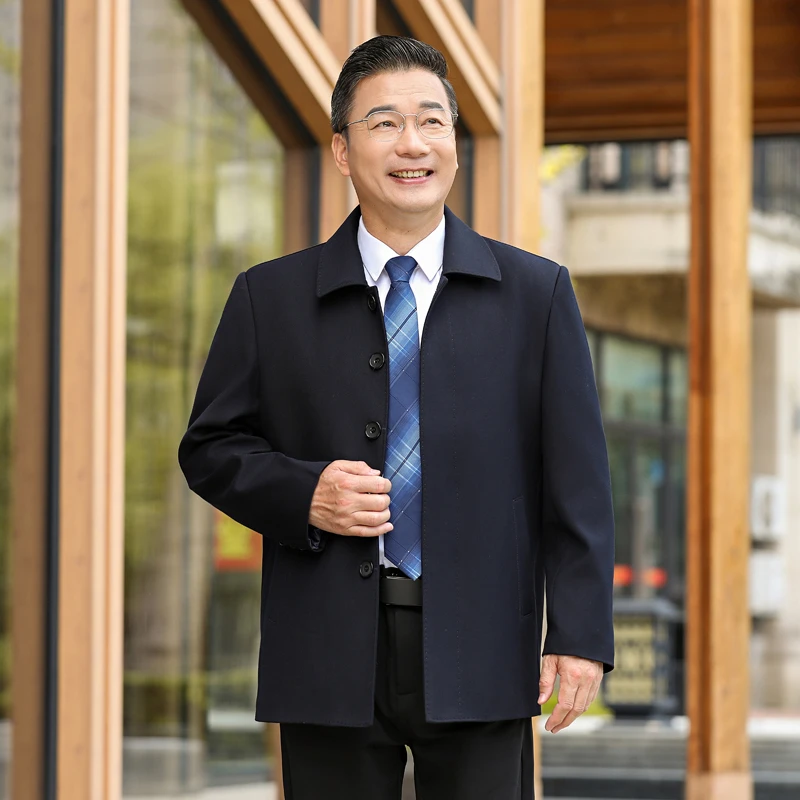 中年男士商务休闲夹克外套春秋翻领外套上衣风衣爸爸装中老年夹克