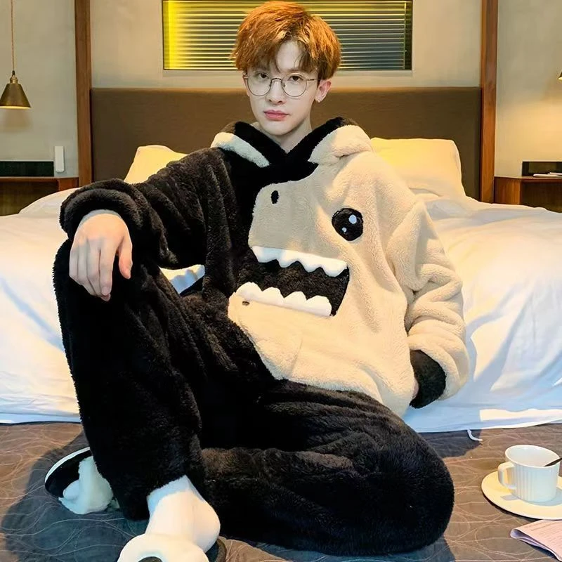 珊瑚绒男士学生睡衣宽松大码卡通加绒加厚连帽保暖毛绒家居服套装