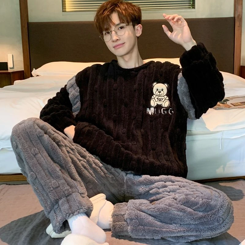 睡衣男学生圆领卡通珊瑚绒秋冬季加绒加厚保暖男士家居服套装