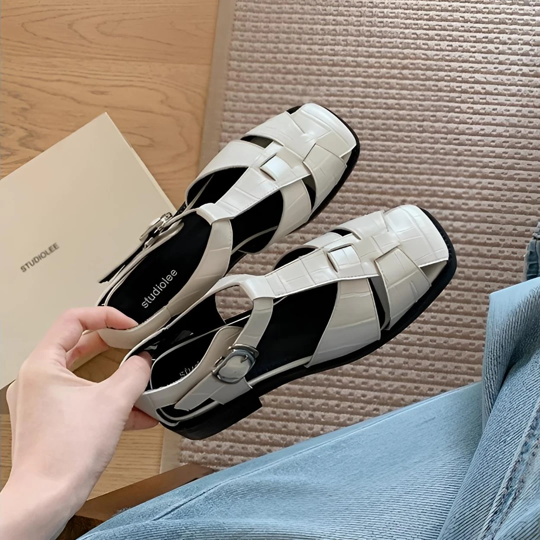 夏季2025新款罗马风方头镂空包头厚底粗跟凉鞋女时尚百搭小皮鞋