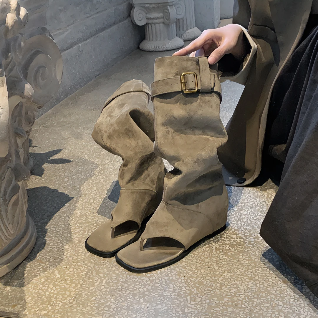 夏季2025新款时髦辣妹风露趾夹脚西部中筒堆堆靴凉靴时尚凉鞋外穿
