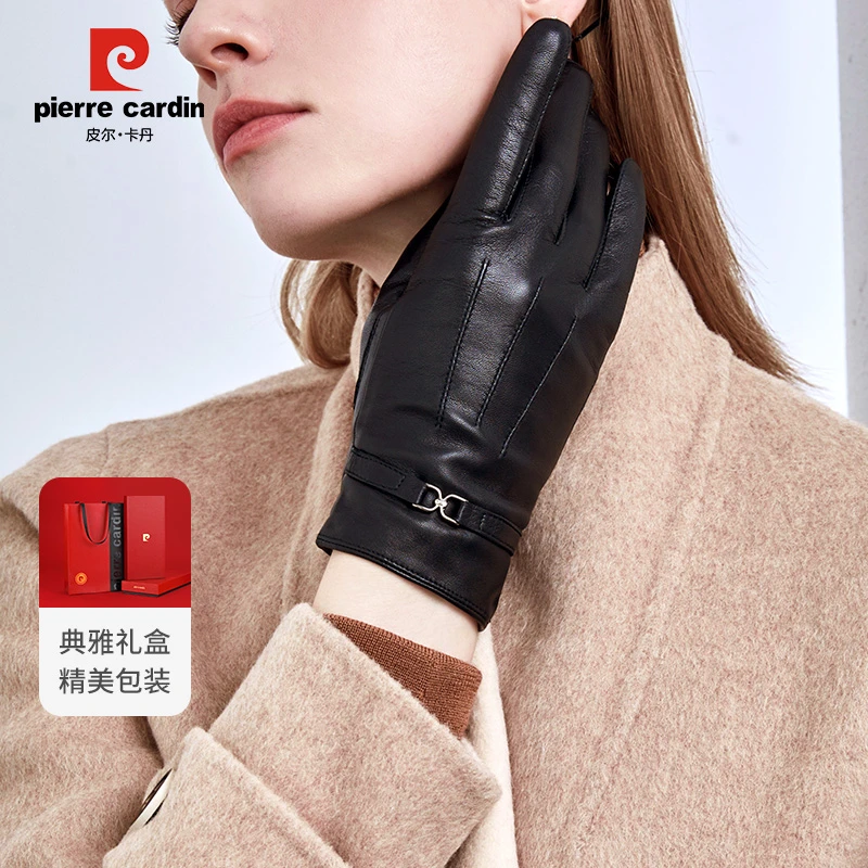 皮尔卡丹山羊皮女士冬季黑色手套触屏保暖防风轻薄骑行户外秋冬