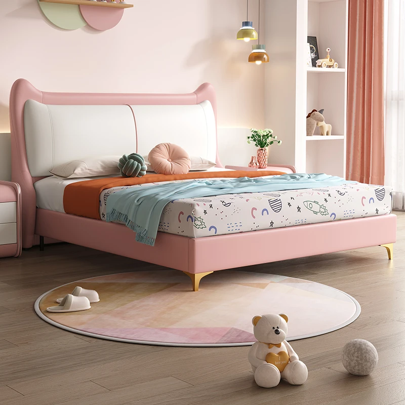 现代简约儿童床粉色猫耳朵真皮床小户型卧室1.2m软包公主床实木床