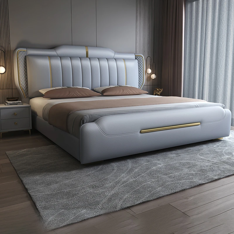 意式轻奢真皮床双人床1.8米高档主卧大床储物婚床北欧网红实木床