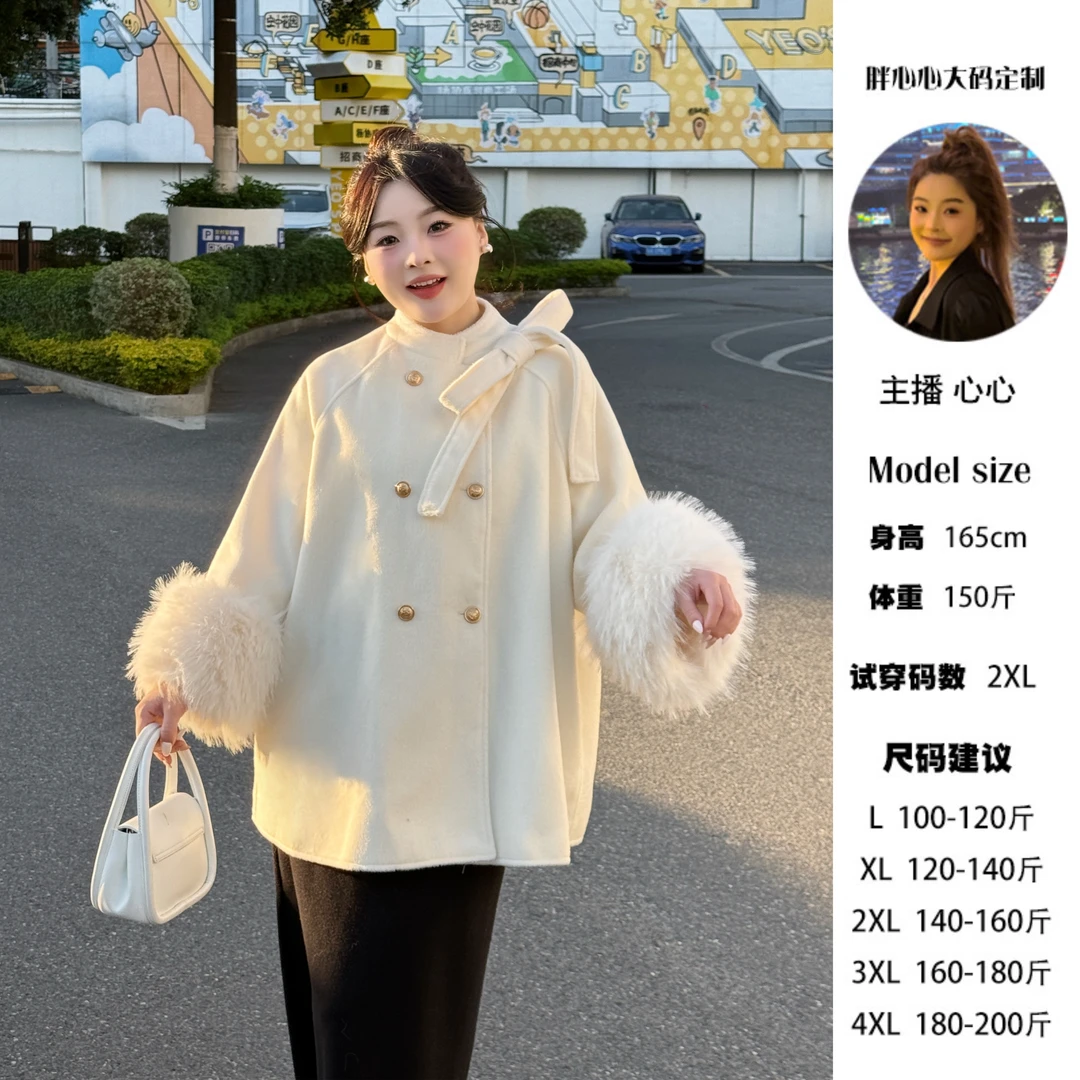 心心【留洋千金】冬季加厚保暖蝴蝶结大码显瘦毛呢外套