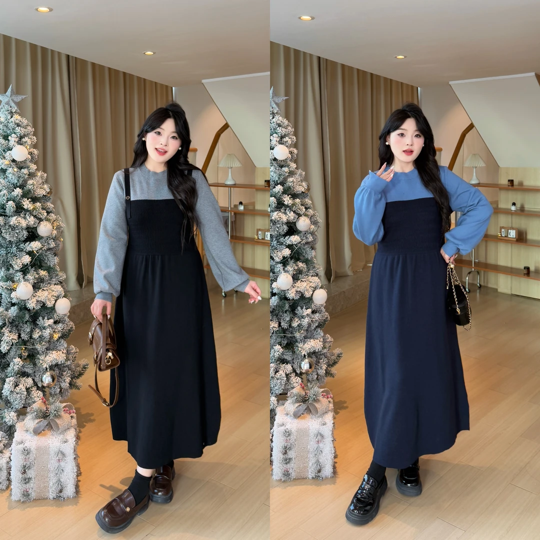 现货-心心【极简主义】冬季加厚保暖拼接假两件百搭大码显瘦连衣裙
