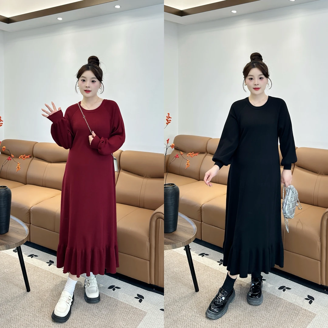 现货-心心宠粉【步步生莲】温柔百搭圆领针织鱼尾显瘦大码连衣裙