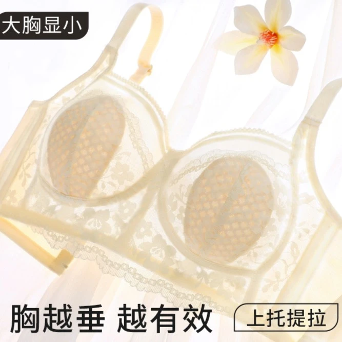 大胸显小胸内衣女超薄蕾丝文胸聚拢大码薄款无钢圈胸罩上托收副乳