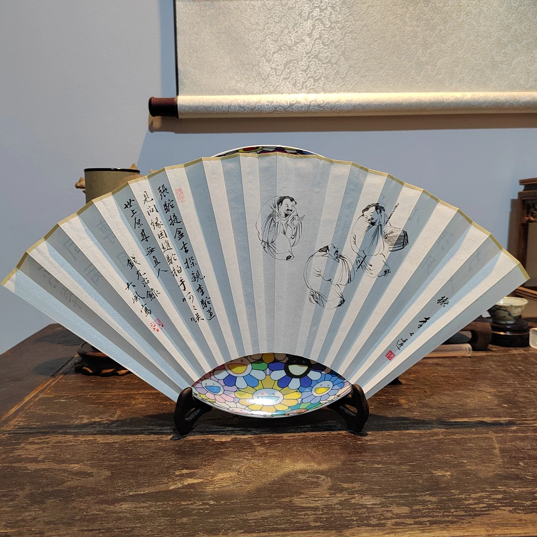 9.5寸16方2.0排口，三驼图，手绘扇面