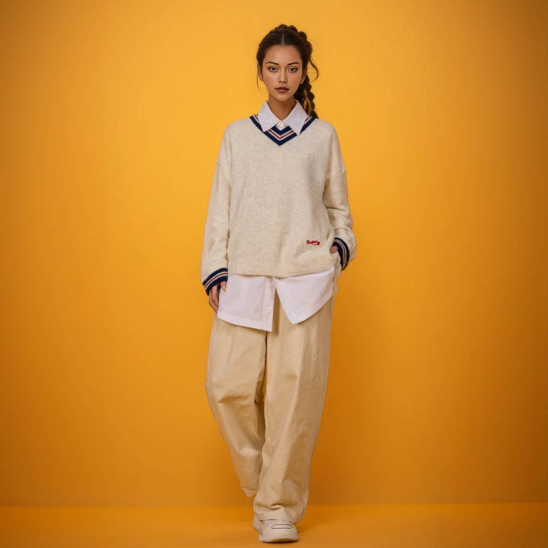 CANOTWAIT_陈伟霆 休闲撞色鸡心领套头长袖毛衣秋冬百搭宽松时尚