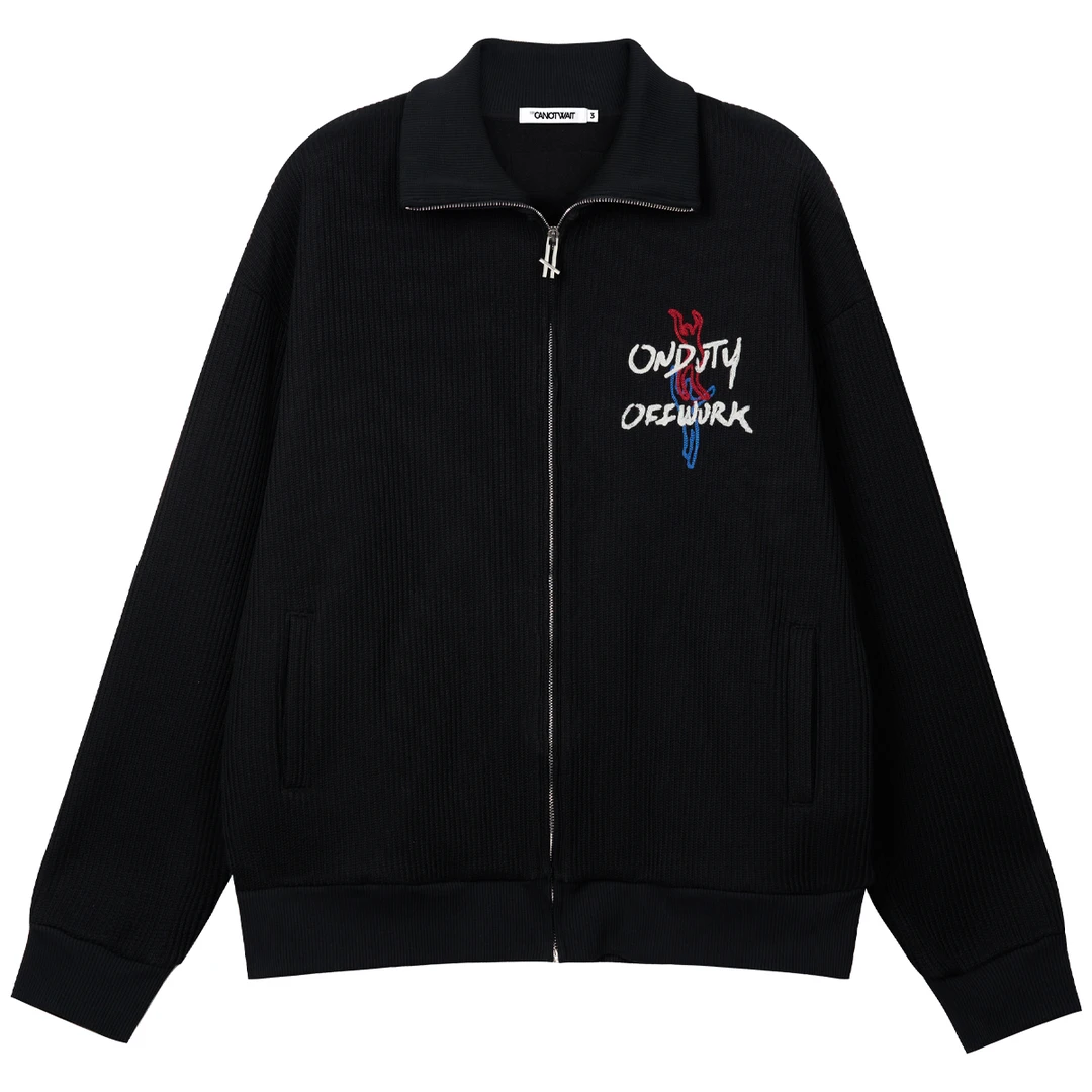 CANOTWAIT_陈伟霆休闲时尚人形刺绣摇粒绒宽松百搭翻领潮流外套