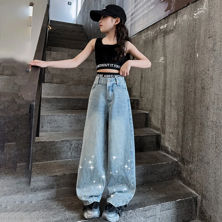 女童牛仔裤薄款夏装烫钻儿童夏季中大童阔腿女孩直筒宽松显瘦裤子