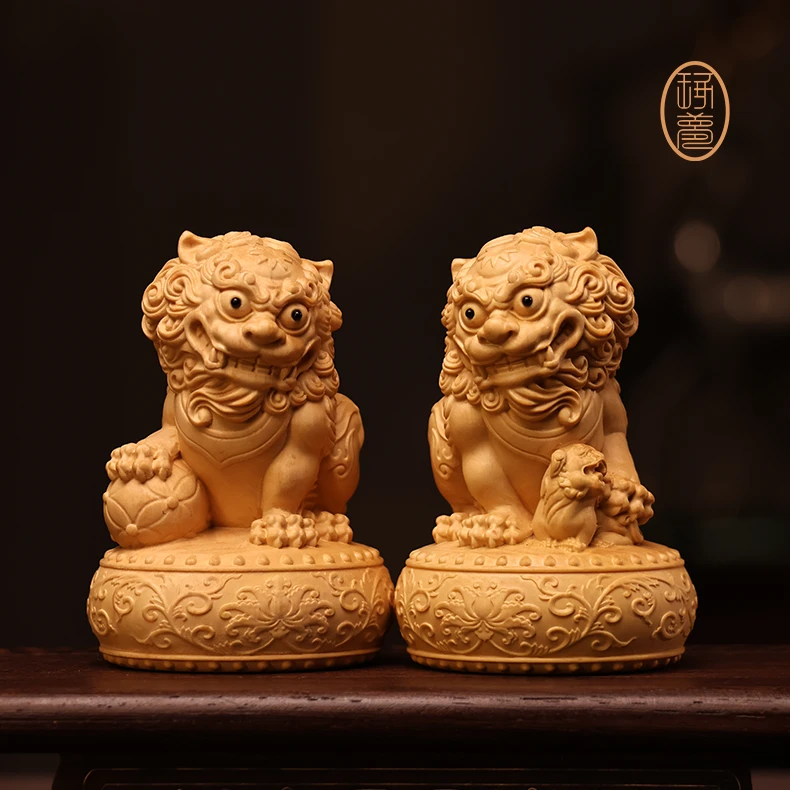 《战鼓对狮》葉氏雕刻摆件非遗手工黄杨木雕客厅送礼展示