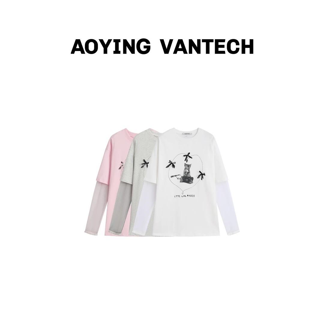 AOYING VANTECH【珊瑚季风】爱心蝴蝶猫咪假两件网纱拼接长袖T恤