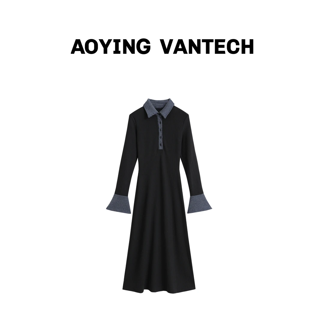 AOYING VANTECH【牛仔蓝针翻领】长袖收腰显瘦气质针织连衣裙