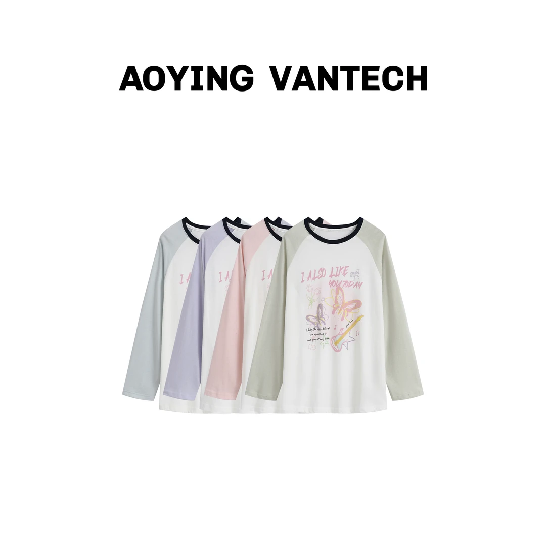 AOYING VANTECH澳莹万特【梦幻蝴蝶】插肩袖拼色印花长袖宽松T恤