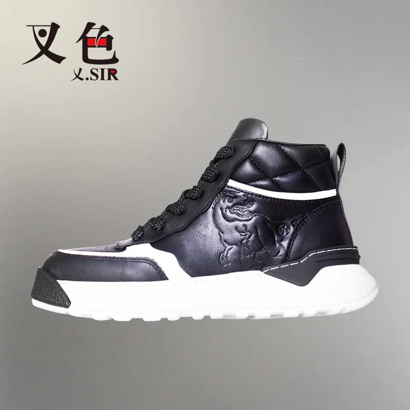 X.SIR叉色 2023新款冬季DRAGON 牛皮高帮运动休闲 3D雕纹板鞋男士