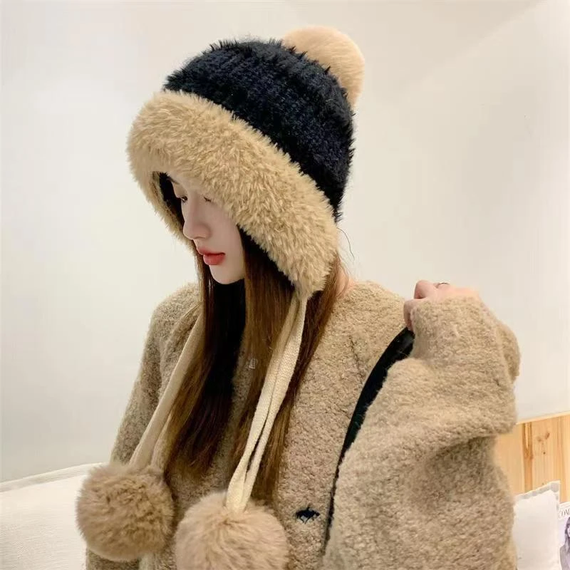 冬季可爱毛球毛绒帽女款加绒护耳雷锋帽子女保暖包头针织毛线帽女