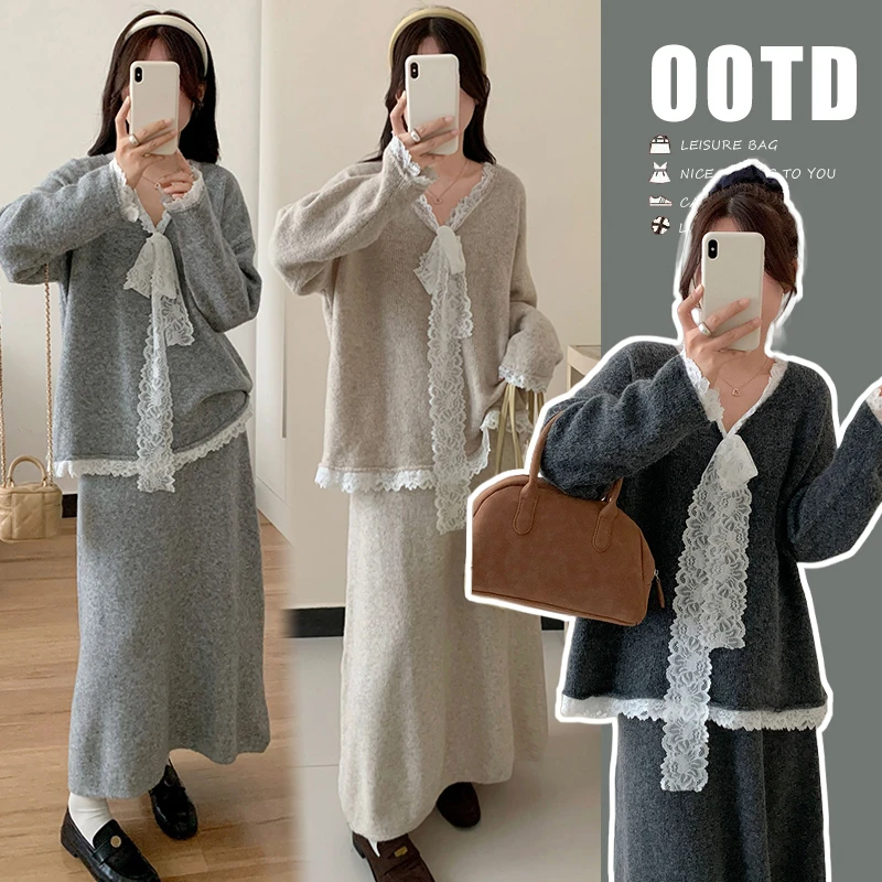 孕妇秋季套装韩版蕾丝拼接针织毛衣秋冬上衣+半身裙子两件套厚实