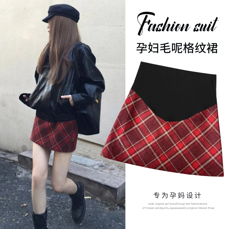 孕妇短裙秋冬款加厚实格子包臀短裙A字裙孕妇半身裙毛呢托腹短靴