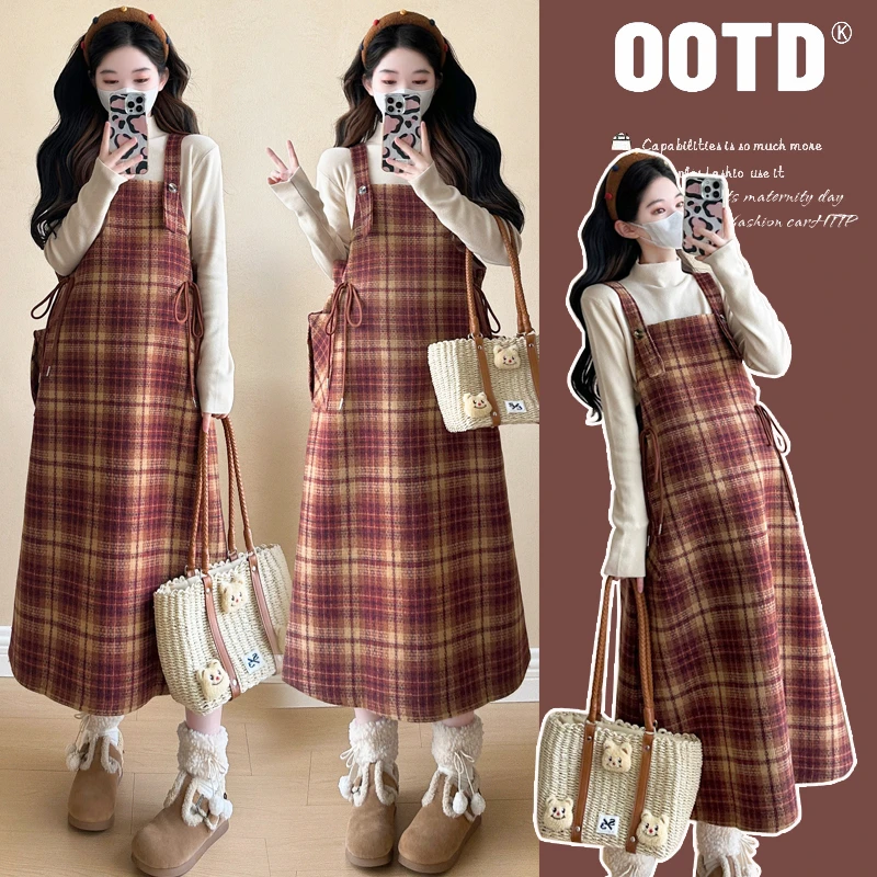 洋气秋冬孕妇装韩版抽绳格子背带裙秋冬季针织打底上衣连衣裙秋季