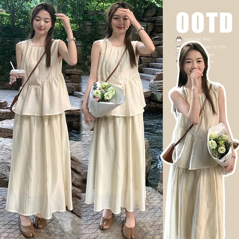 孕妇夏装假两件中长款新款气质夏季设计感拼接无袖背心宽松连衣裙