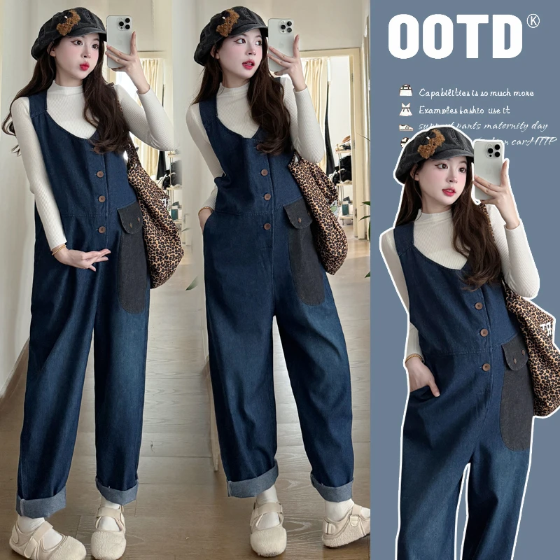 孕妇背带裤秋季洋气减龄牛仔阔腿裤子休闲外穿孕妇装春秋装打底衫