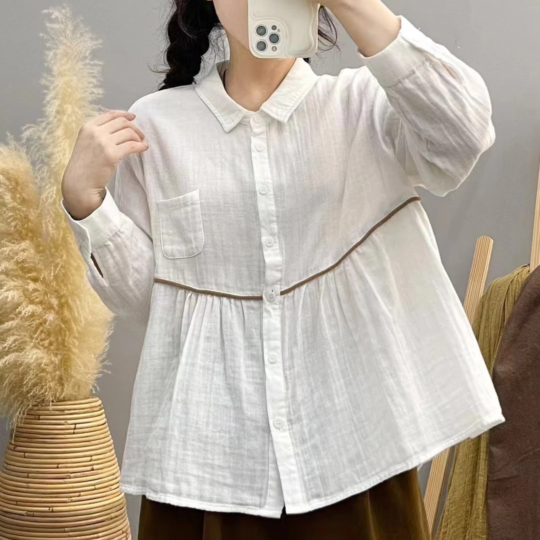 文艺设计感撞色褶皱拼接显瘦娃娃衫宽松衬衫长袖翻领小衫衬衣