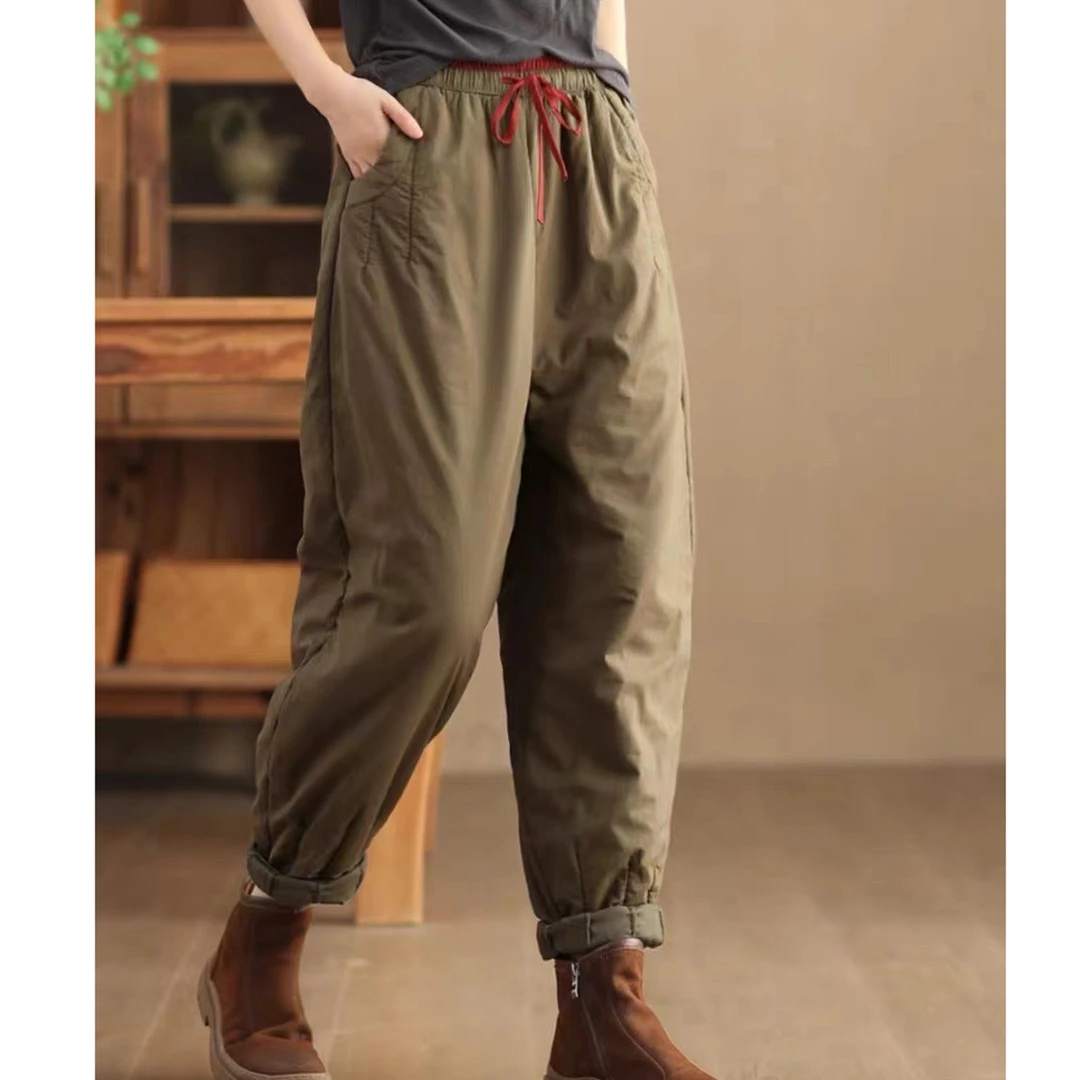 2023冬季新款夹棉休闲裤女拼色松紧腰百搭棉裤保暖哈伦裤长裤