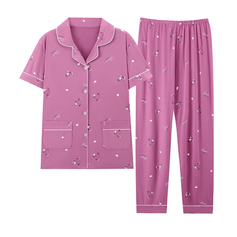 夏季女士短袖夏天睡衣春秋中老年加大码方领宽松家居服套装