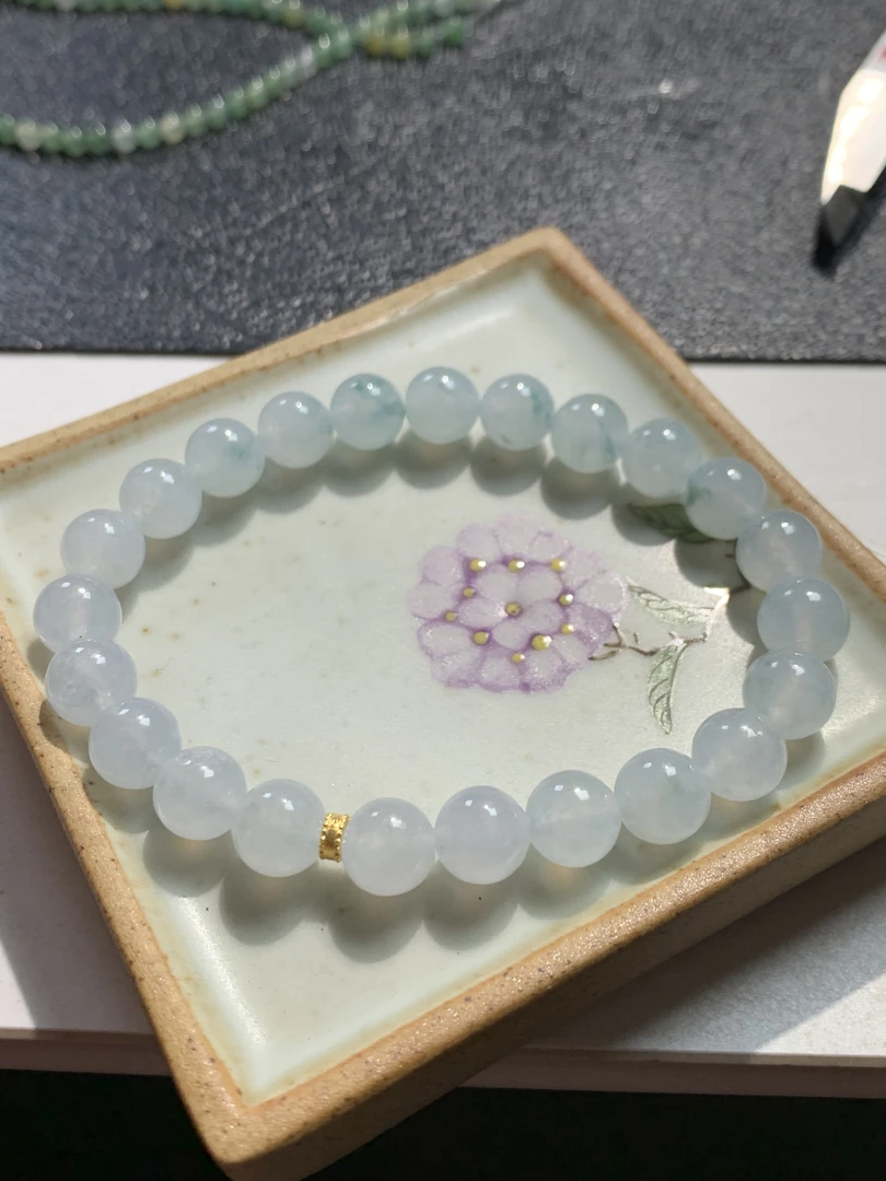 雨声珠宝翡翠手串之bb蓝飘花，正冰一物一证