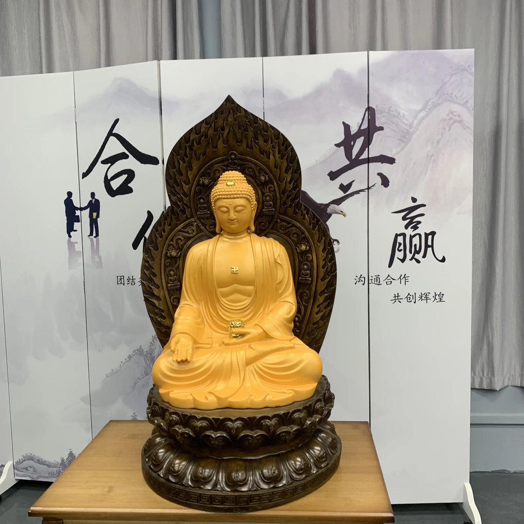 阿弥陀佛绒沙金木纹居家办公工艺品摆件（长34 宽30.5 高59.5CM）